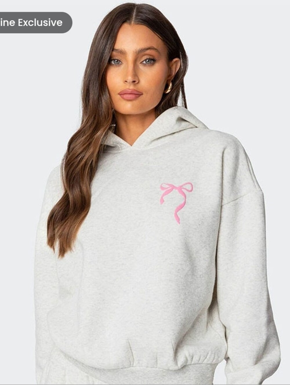 Edikted Sasha Bow Detail Hoodie in heather grey with a pink bow Size Small